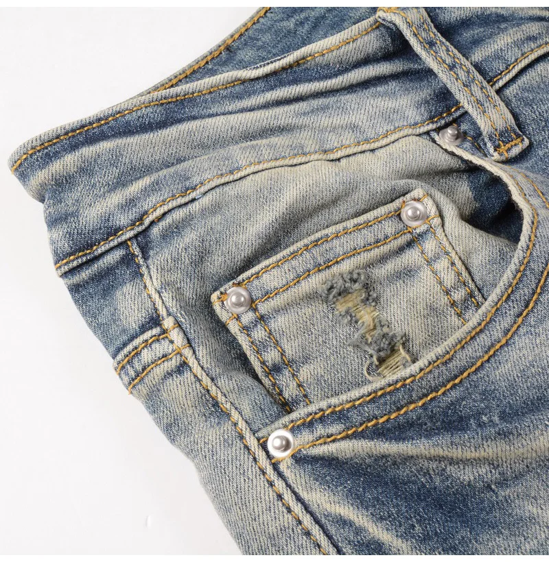 Herren-Jeans mit Riss-Patchwork, Streetwear, Skinny Tapered Hosen, Vintage Stretch-Denim, zerrissene, abgenutzte Hosen – Detail 6