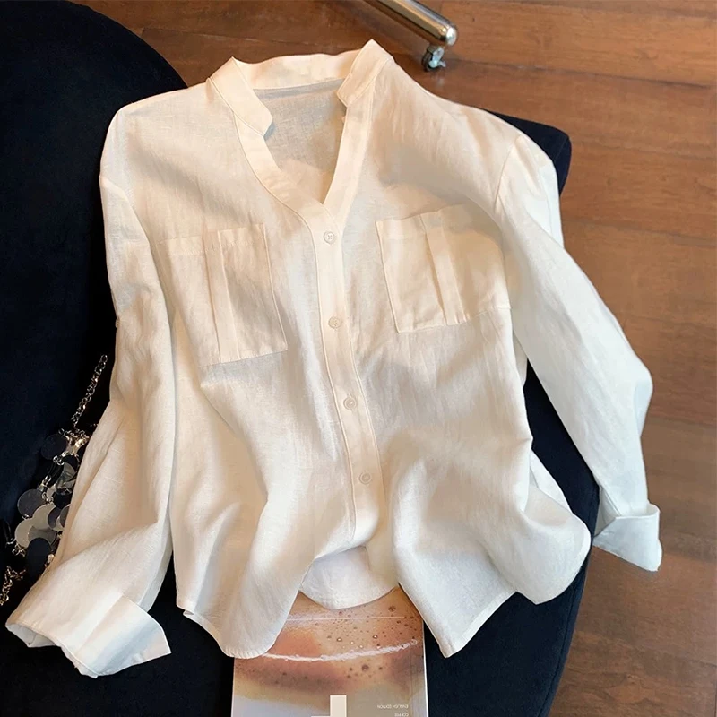 

Elegant White Stand Collar Casual Shirt Women's Premium Lightweight Spring New Style Button up Long Sleeve V-neck Cardigan