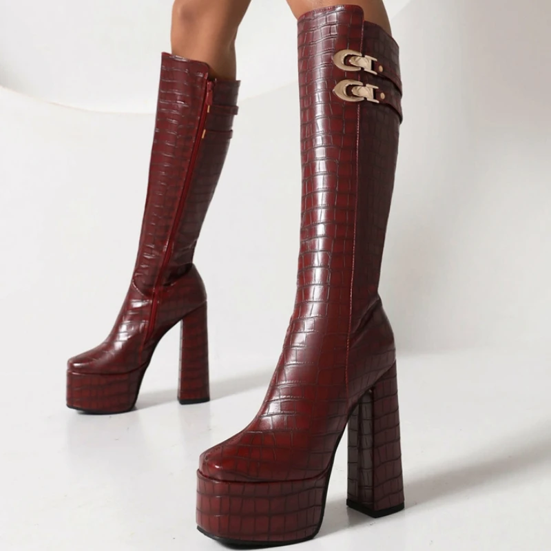 

Black Knee High Boots for Women Platform Winter Shoes Green Heels Sexy Long Shoes Zipper Party Boots Lady Large Size