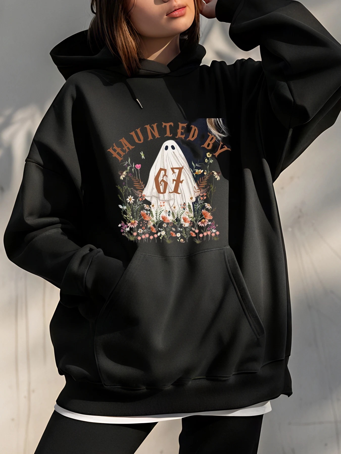 

Halloween Printed Hoodie Loose Fit Casual Style with Ghost and Spiderweb Design, Women's, Party Outfit