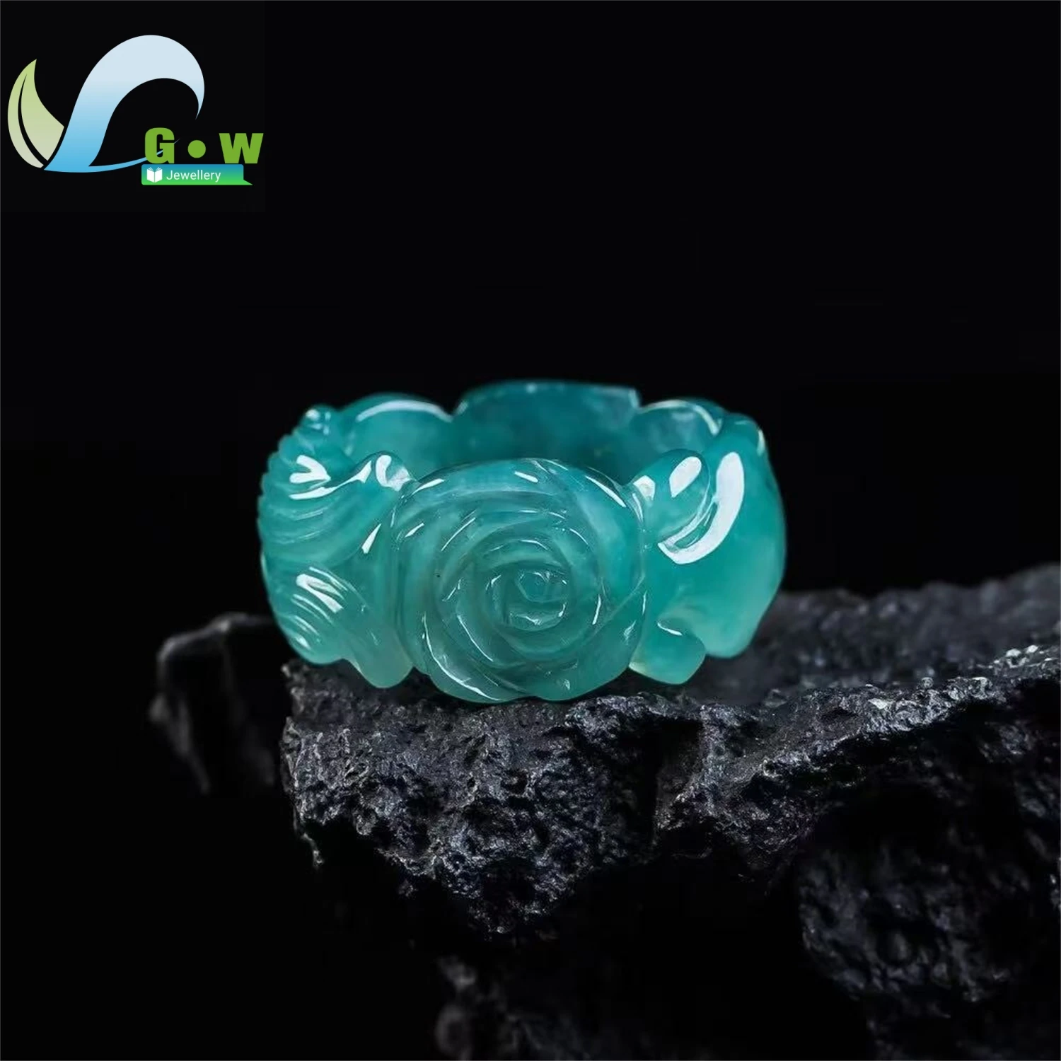 Natural A Grade Jadeite Blue Water High Old Stock Rose Flower Ring Icy Carved Chunky Band Unisex Ethnic Style Jewelry Gift