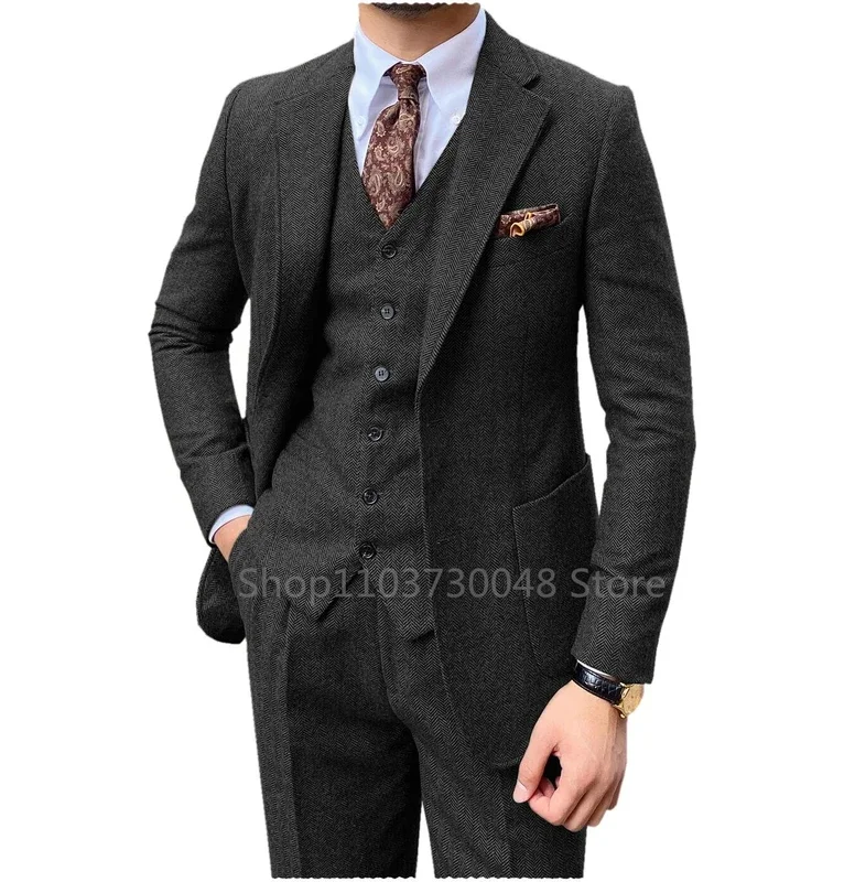 3 Piece Grey/Brown Mens Tweed Herringbone Wedding Suit Prom Tuxedos  Peak Lapel Tweed for Business Slim Fit (Blazer+Vest+Pants)