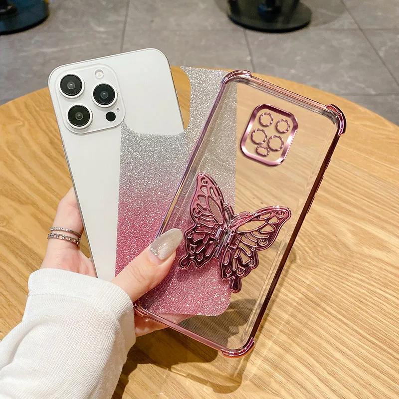 Case For Xiaomi Redmi Note 9 10X 4G Note 9s Pro Max Poco M2 ProLuxury Glitter Butterfly Holder Four Corner Anti-Shock Back Cover