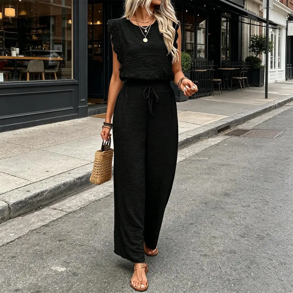Everyday Casual Suit Women Casual Women Outfit Women's Summer Two-piece Set Lace Trim Sleeveless Crew Neck Top Wide Leg Pants
