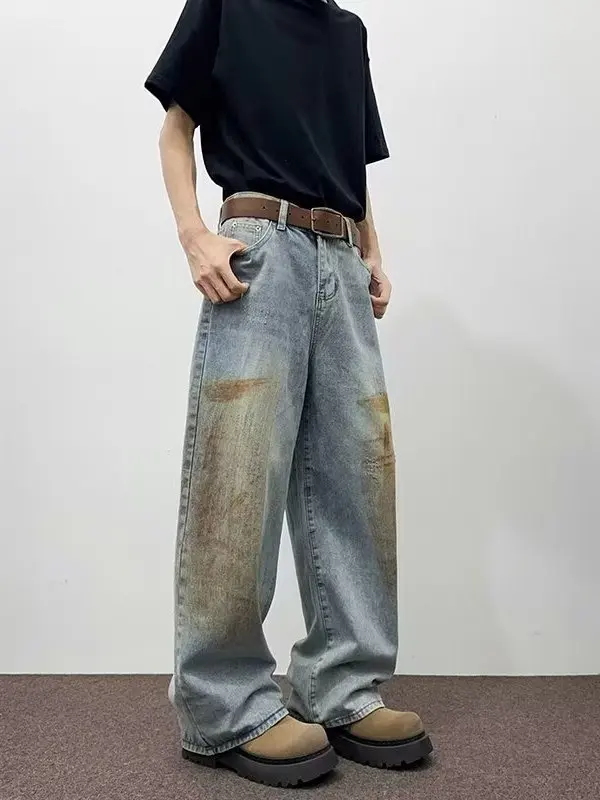 

Американские джинсы унисекс в стиле High Street: свободные, с эффектом окрашивания, дизайнерские, премиум-класса, с принтом Wasteland и эффектом брызг краски, модные повседневные.