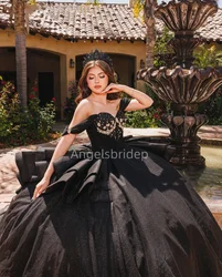 Suknia czarna kula Angelsbridep Mexico 15 lat sukienka na Quinceanera z warstwowymi kryształowymi sukienkami wieczorowymi dla dziewcząt Vestidos De Fiesta