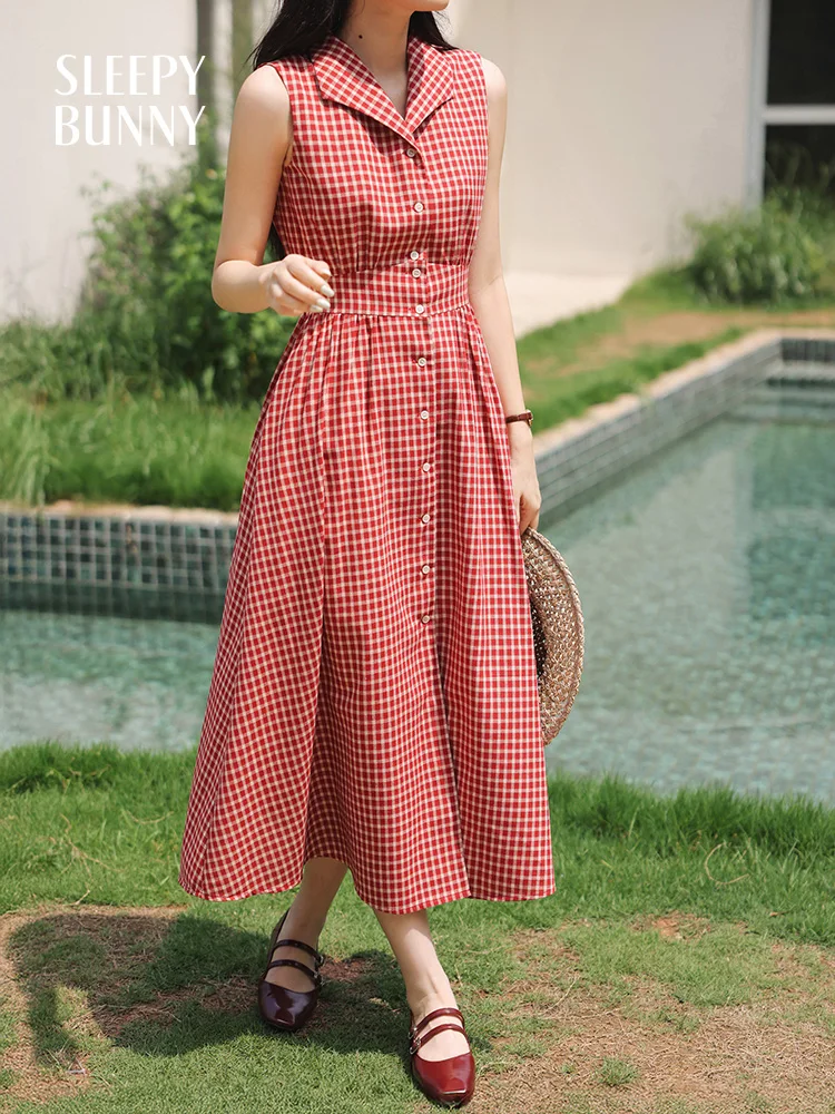 Vintage Style Sleeveless Red Gingham Dress Women Summer High Waist Slim  Flowy A-Line Midi Dress Elegant Button Front Sundress - AliExpress 200000345