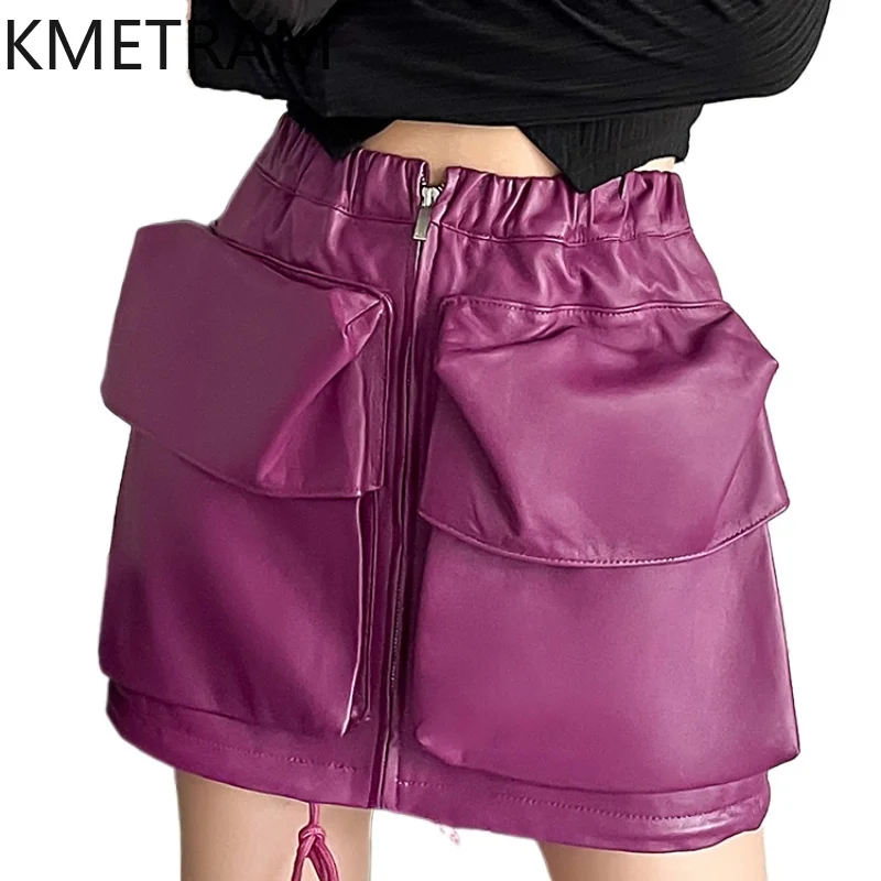 KMETRAM Genuine Leather Skirt for Women Elegant Real Sheepskin Skirts Woman Clothes Autumn Skirts High Waist Hip Wrap Skirt 2024