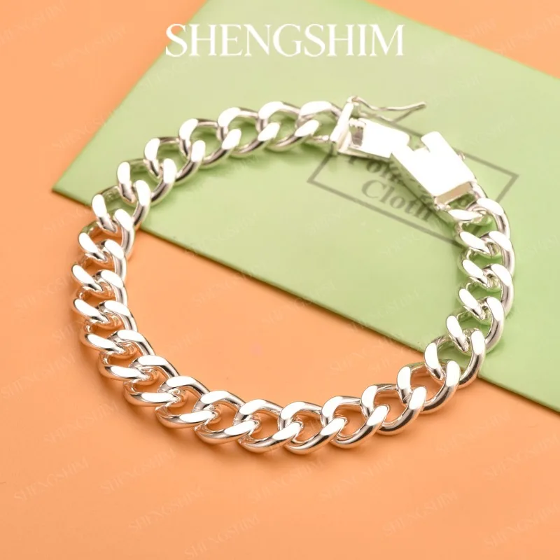 SHENGSHIM 925 Sterling Silver Chunky Cuban Chain Bracelet Bangle For Men Women Fashion Jewelry Birthday Party Gift