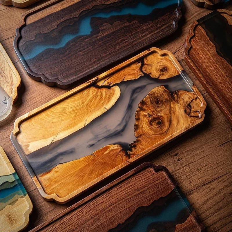 

Nordic style epoxy resin river tea tray household black sandalwood dry foam tray ink resin tray anti scald tea pot