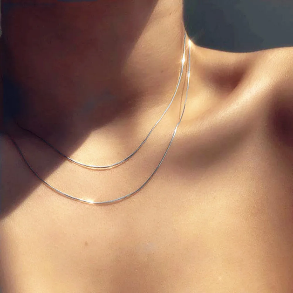 2Pcs Vintage Stackable Double Layered Gold Silver Thin Snake Chain Necklace for Women Best Gift for Birthday