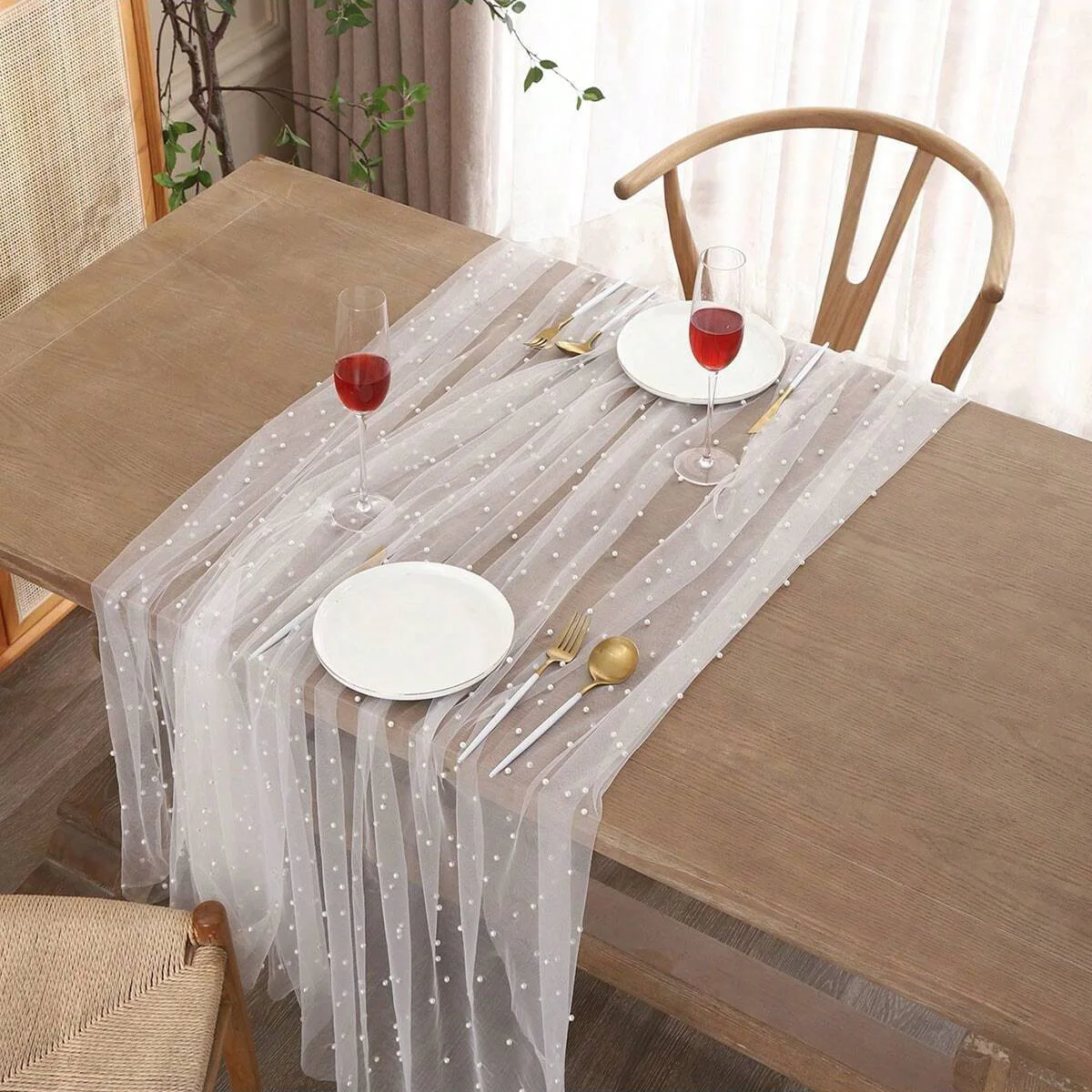 Pearl Tulle Table Runner Tablecloth White Table Cloth Wedding Veil Fabrics for Wedding Birthday Party Arch Dessert Table Decor