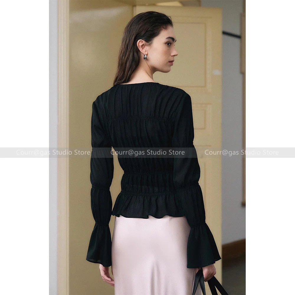 Temperament pleated textured top unique trumpet sleeves v-neck design lace-up hollow shirt