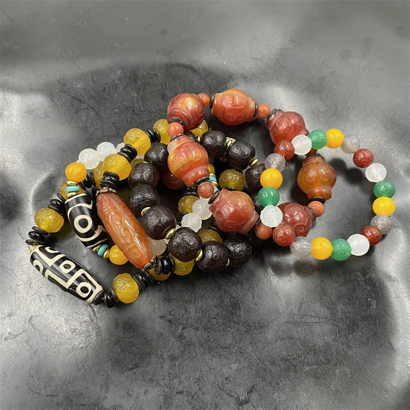 Colorful Multi-Bead , Pretty Patterned Carved Bracelet, Old Agate