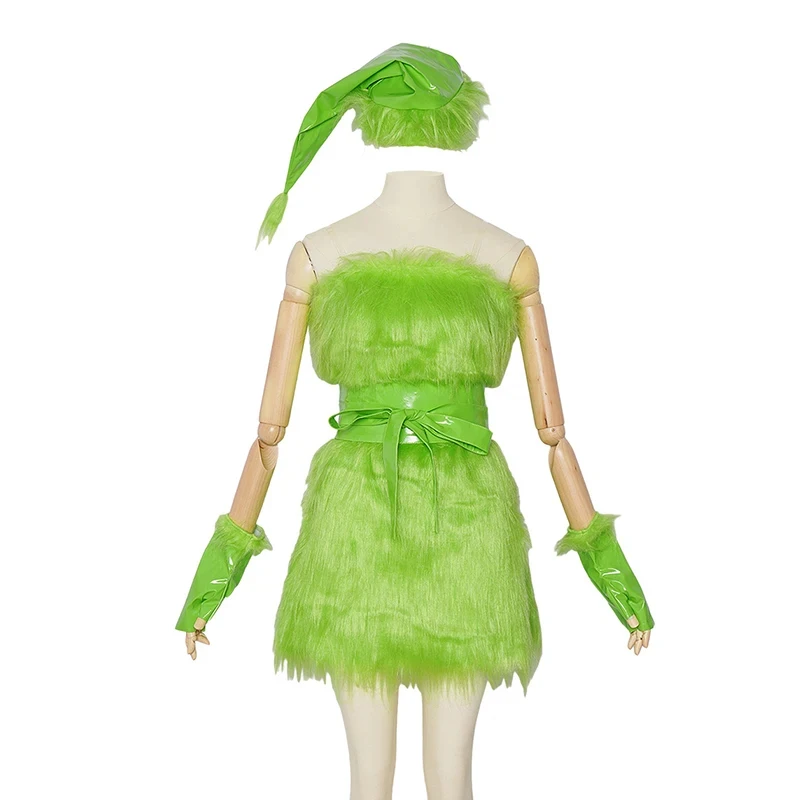 Disfraz de Monstruo Peludo Navideño ABC123 para Mujer, Vestido Verde sin Tirantes, Mini Disfraz de Santa Claus, Role3'd, 5;h.9/