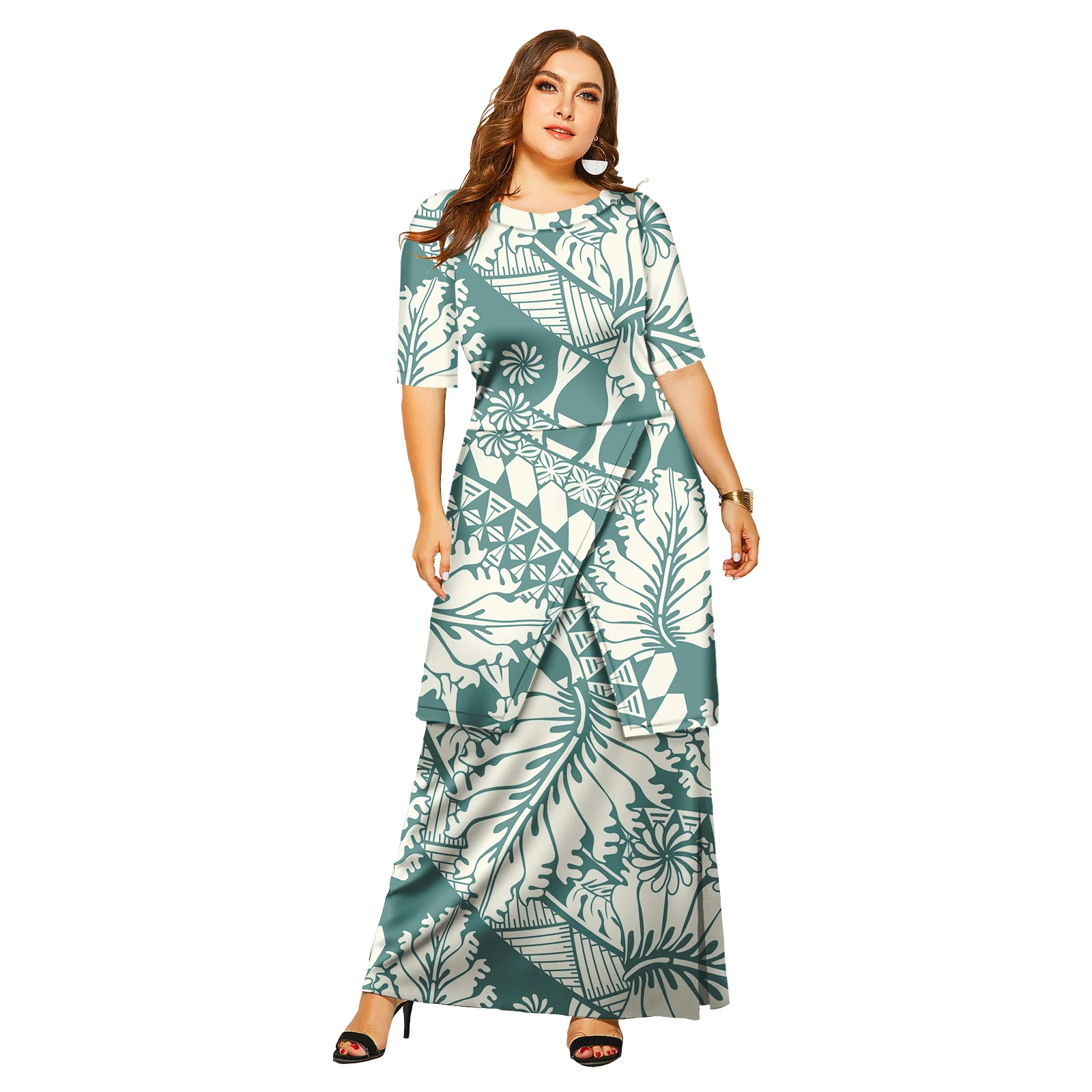 Elegant ออกแบบใหม่ที่กําหนดเอง Puletasi Samoan Tonga Tribal รูปแบบ Maxi ชุดผู้หญิงชุดราตรี 2 ชิ้นชุดชุดด้านบน