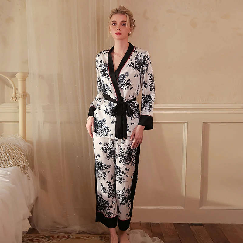 Women's Home Clothes Ink Style Printed Pajama Sets 3 Pieces Casual Trousers Sets Luxury Summer Sleep Suits Elegent Satin Pijama