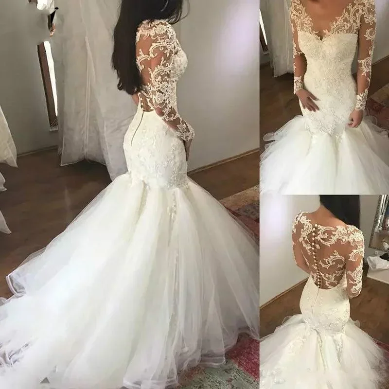 Customized Beauty V Neck Plus Size  Appliques Trumpet  Bridal Gowns Sweep Train Lace Long Sleeve  Wedding Dresses