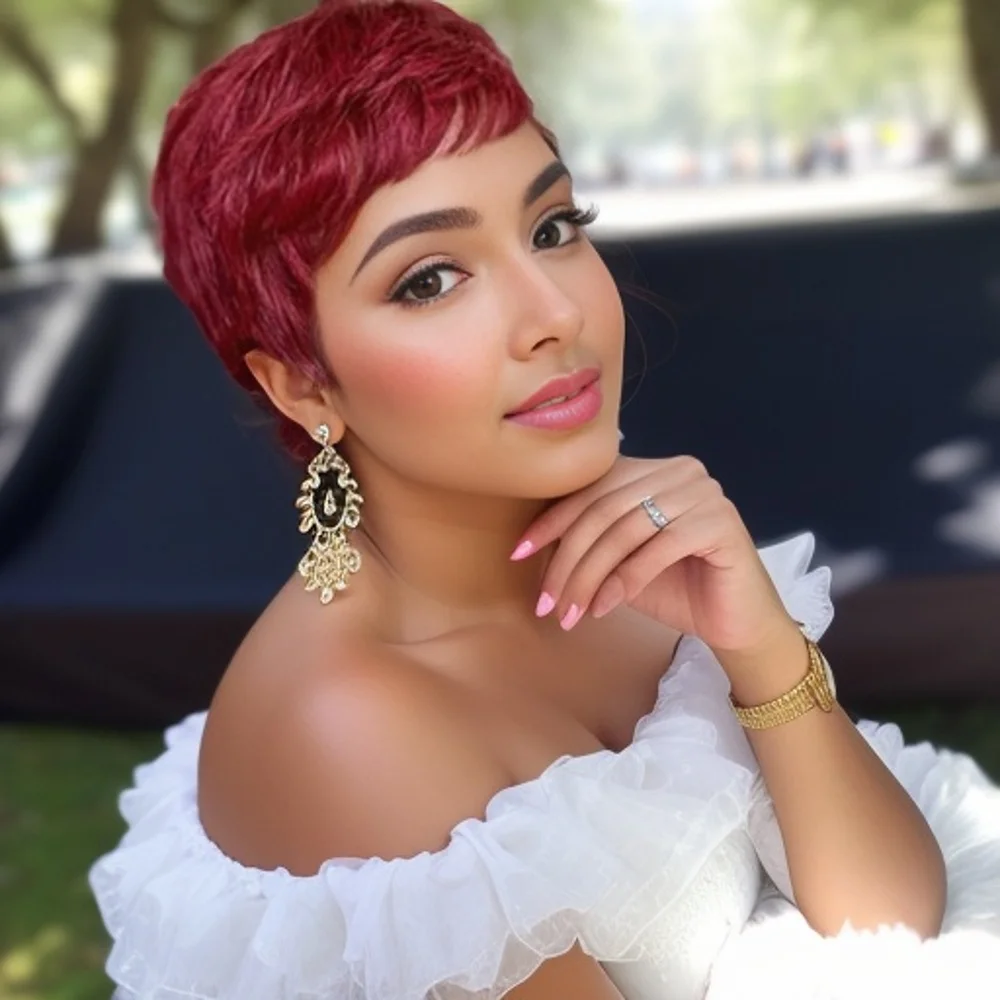 짧은 보브 가발 버건디 인모 여성용 앞머리가 있는 전체 기계식 가발