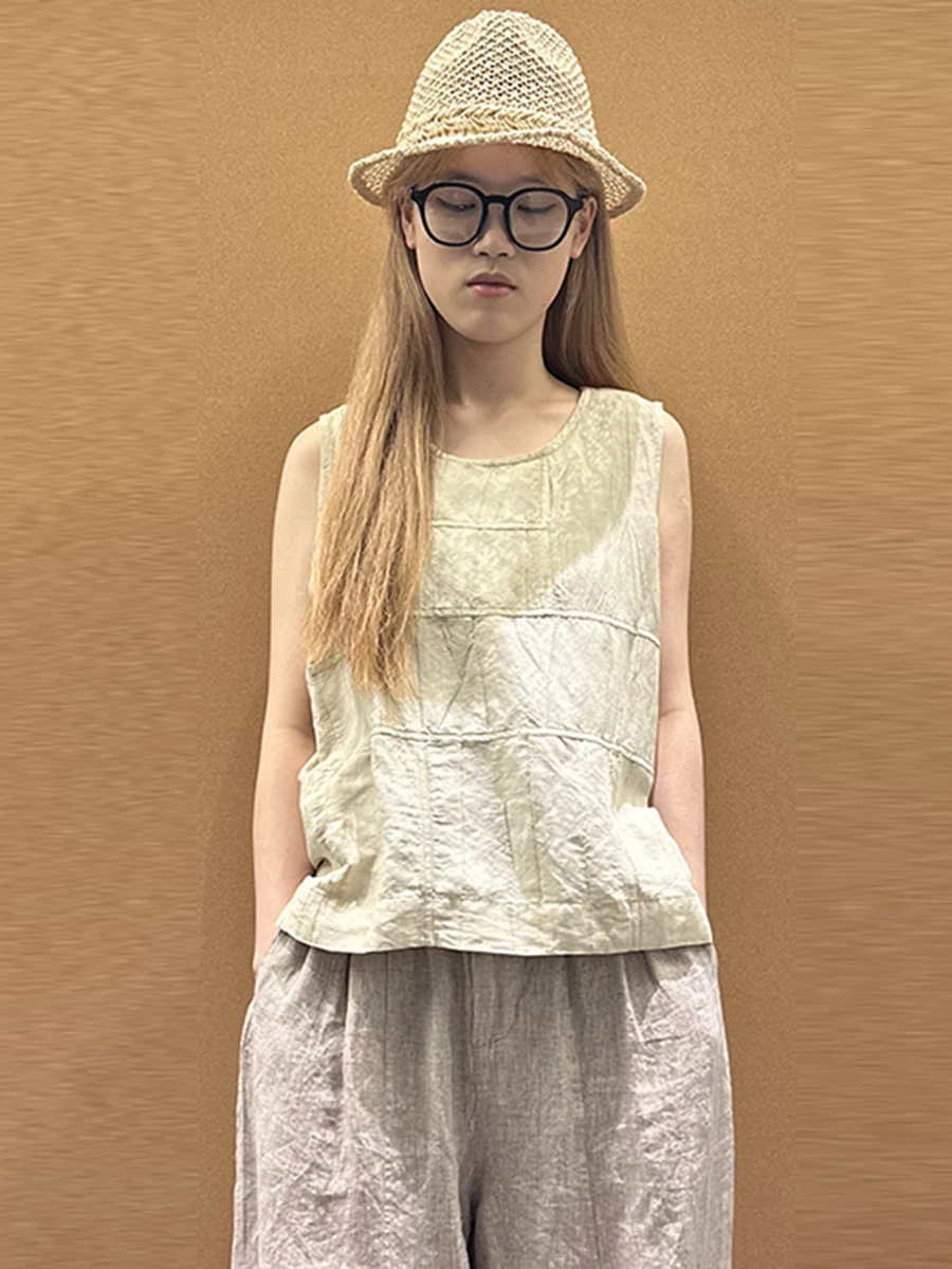 

Summer Original Japanese Sle Retro Spliced Vest Loose Slimming Versatile Handwoven Linen Material Distred Svel Top