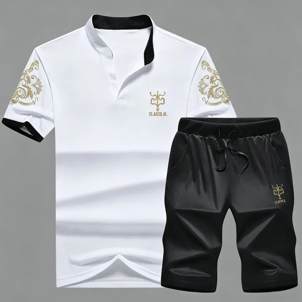 

Men Sports Set Casual Summer Short Sleeve Ice Silk Quick Dry Polo Shirt Printed Stand Collar Running Tops Loose Shorts Tracksuit