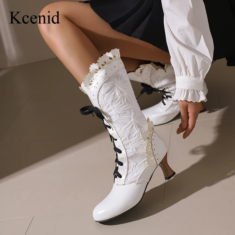 

Kcenid Retro Women`s Boots Winter Sexy Shoes Woman Lace-up Round Toe High Heels Mid-Calf Boots Ladies Wedding Shoes Size 34-50