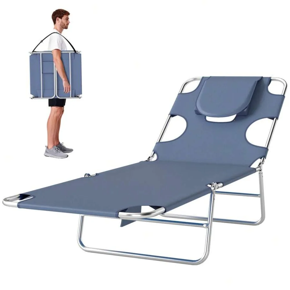 Tanning Chair With Face Hole 5-Level Adjustable Outdoor Chaise Lounge Chair With Pillow for Beach Pool Patio Backyard Summer Tanning Bed Folding Recliner Portable Heavy Duty Aluminum Frame UV Resistant Gray view 5