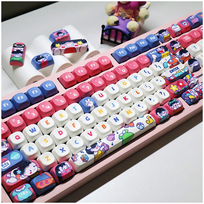 

128 Keys Happy Girl Theme Custom Cute Keycaps Dye Sublimation PBT Keycaps MOA Profile for Cherry MX Switches Mechanical keyboard