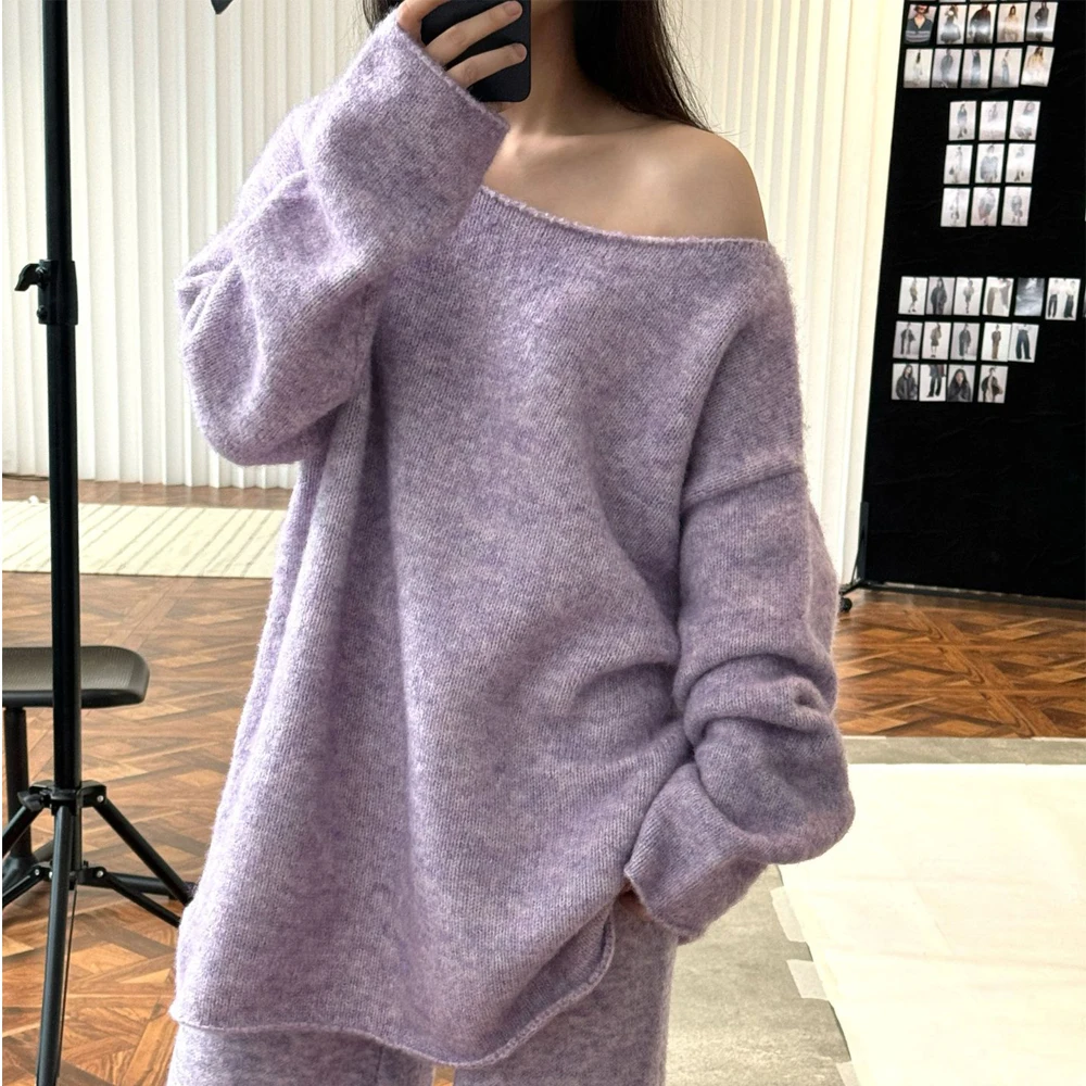 

35% Wool Blend Women Spring One Shoulder Neck Sweater Knitted Pullovers Sexy Sweater Tops Women Pullovers Fashion Pull Femme
