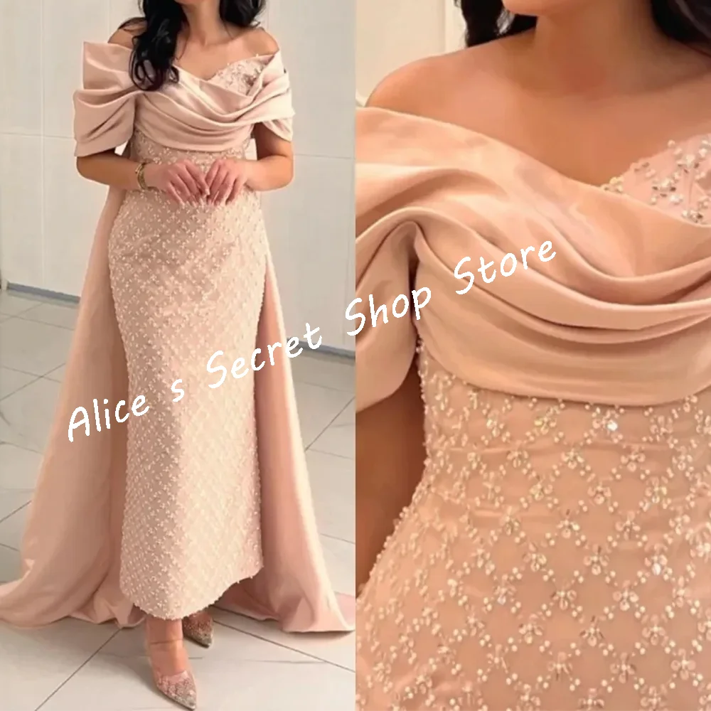 Robes de soirée formelles droites élégantes, épaules dénudées, perles, robes de bal d'anniversaire personnalisées
