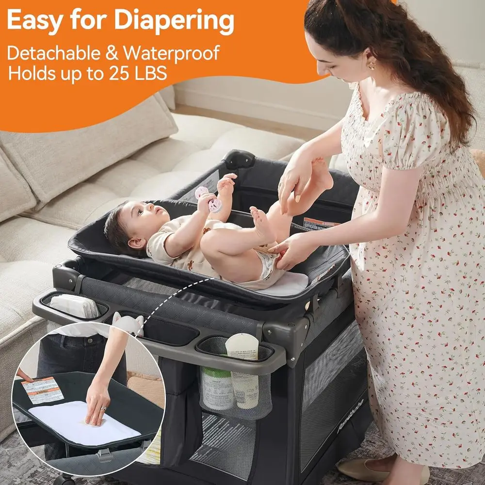 Draagbare 4-in-1 Playard met stalen frame, commode, vergrendelbare wielen en ademend gaas voor de veilige slaap van baby's