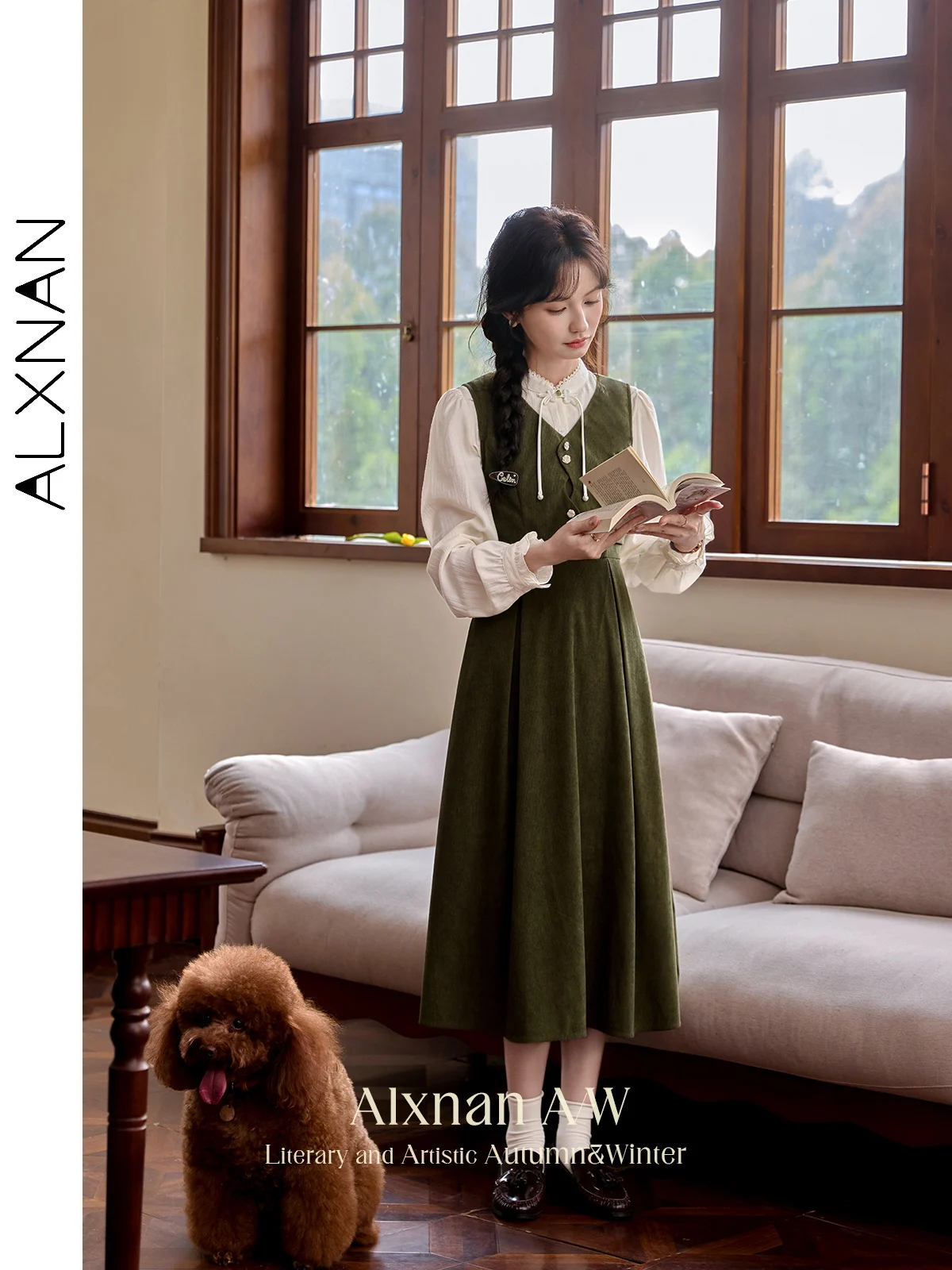 

ALXNAN Women's Corduroy Camisole Dresses 2 in 1 Neo-chinese Rose Buttons 2024 Autumn Winter Pleated Dress Sold Separately L39699