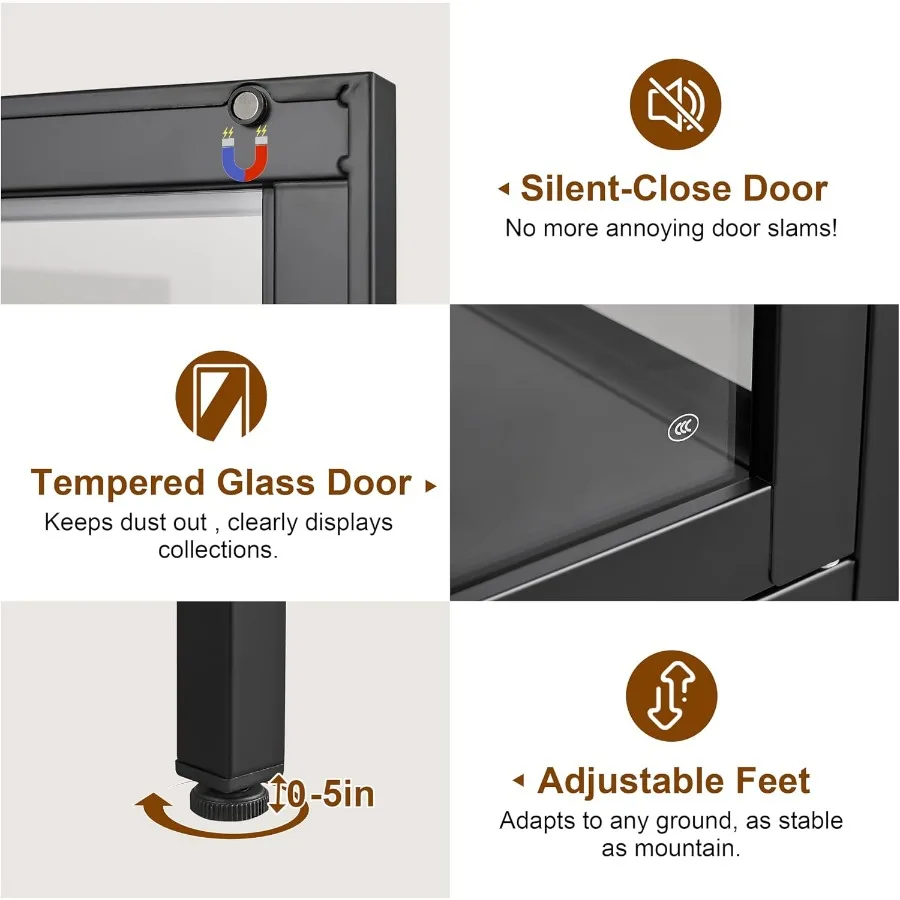 Glass Display Cabinet 4-Tier for Living Room, Tempered Glass Doors, Black Finish, Adjustable Shelves and LED Lighting view 5