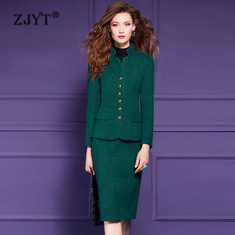 ZJYT Elegant Thick Woolen Jacket and Skirt 2 Piece Matching Sets for Women Autumn Winter 2024 Ladies Party Outfit Plus Size Suit