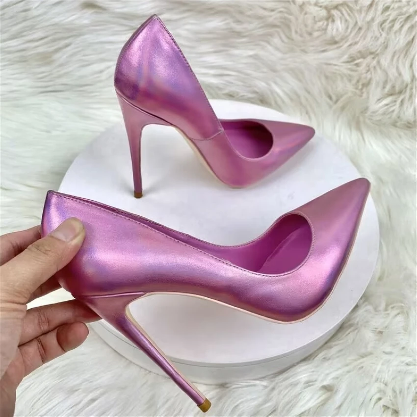 Pink Metallic Leather Women High Heel Shoes Pointed Toe Shallow Stiletto High Heels Sexy Prom Wedding Pumps