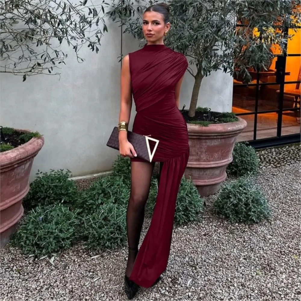 Temperament Slim Dress Stylish Solid Color Fashionable Evening Gown Pleated Mid-waist Half-High Neck Hip-covering Short dress