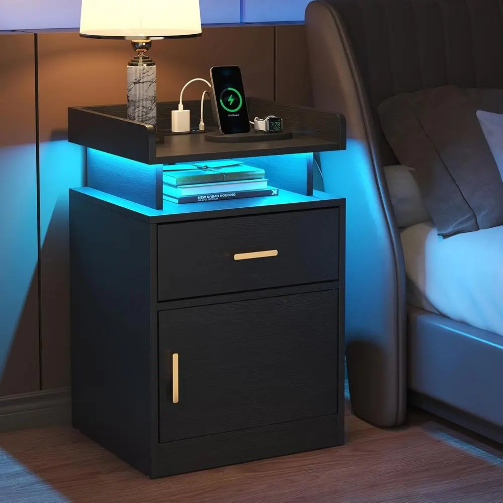 

Wireless Charging Night Stand with LED Lights, Glass Top & 2 Drawers for Bedroom or Living Room (Black) muebles de dormitorio