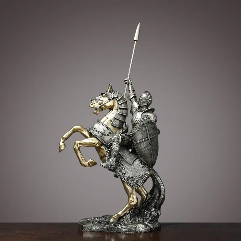 Knight Figure Resin Knight Shield Ornament Armor Swordsman Statue Creative Model Collection Ornaments Home Office Decoration