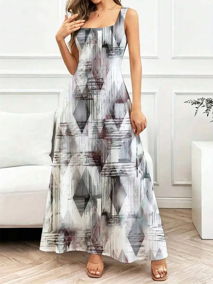 

Square Neck Sleeveless Maxi Dress Geometric Print Flowing Silhouette Casual Elegant