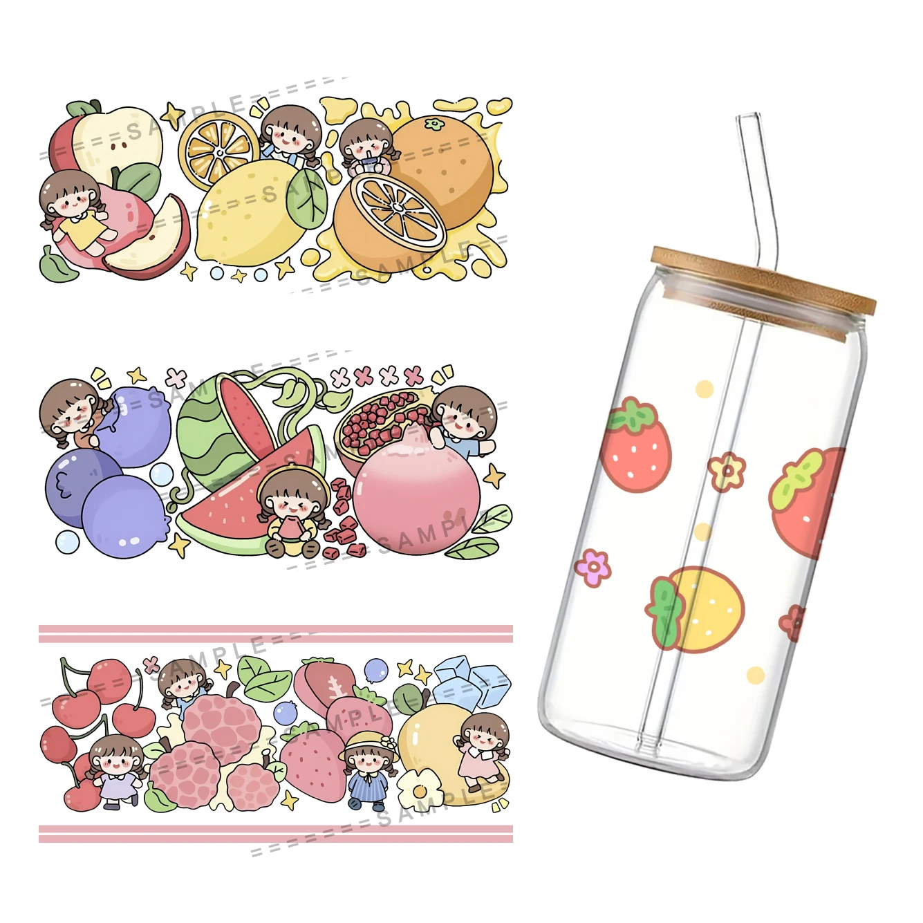 Fragole banane UV DTF Cup Wrap per 16Oz Libbey Glass Can DIY Transfer Sticker modelli di frutta