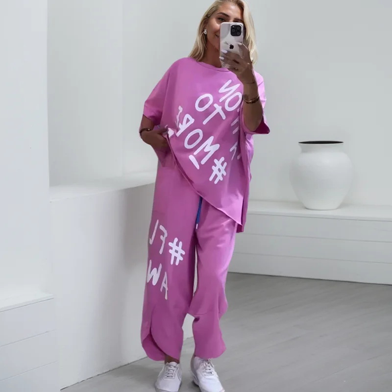 Casual Summer Outfit Set Women Sexy Round Neck T-shirt And Long Pants Two Piece Set Fashion Letter Printing Casual Sports Suit