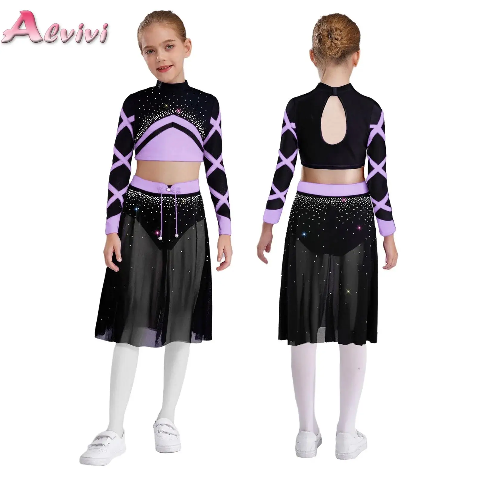 

Girls Color Block Modern Lyrical Dance Set Long Sleeve Crop Top with Mesh Skirt Rhinestones Figure Skating Ballet Dancewear
