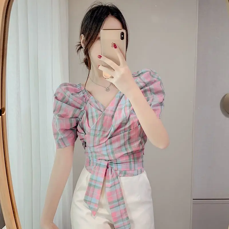 Parisian Plaid Short Sleeve Crop Top Off Shoulder Puff Sleeves Summer Blouse For Women 2026