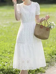 White Lace Hollow Out Dress Women Summer Embroidery Elegant Short Sleeve O-Neck Slim Waist Elegant Dresses Vestidos Robe Femme