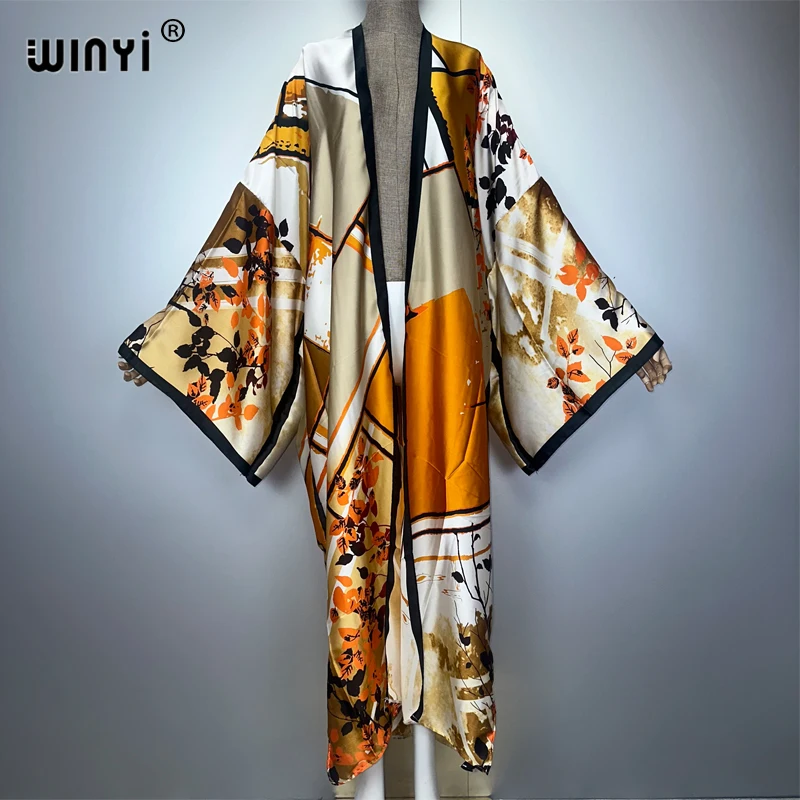 

WINYI print boho kimono maxi beach wear cover up coat party dress abaya dubai luxury muslim woman fashion open front kaftan