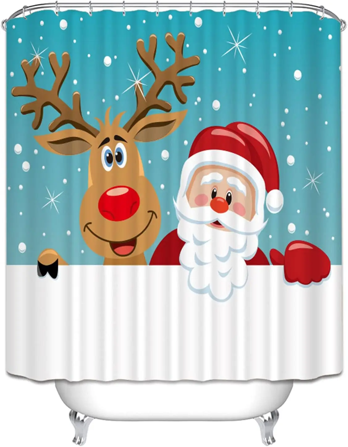 

Funny Kids Christmas Shower Curtain Set Blue & White with Hooks, Fall Decorations for Children's Bathroom Holiday Theme