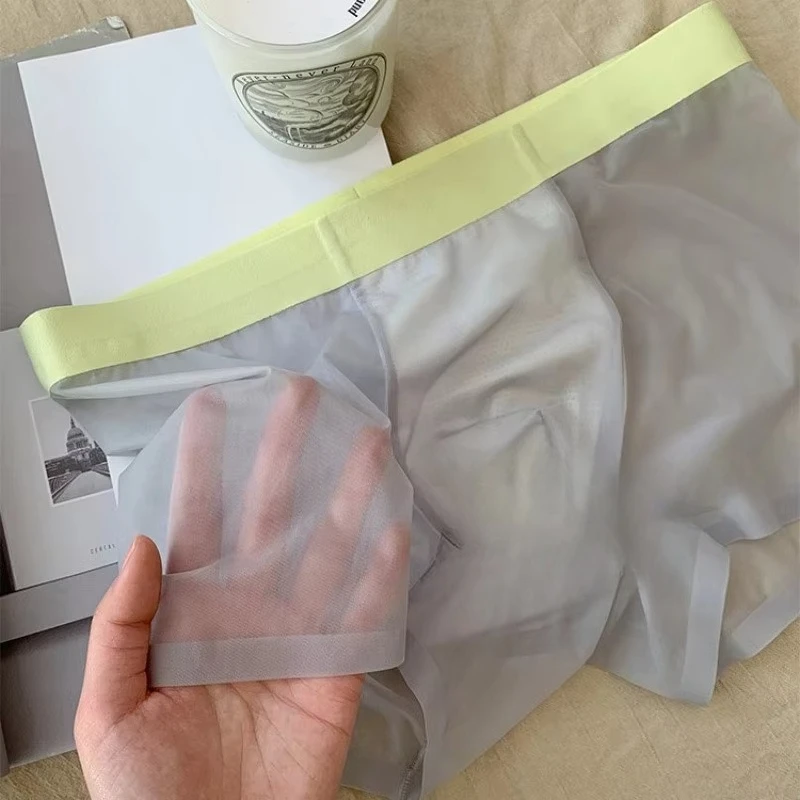 20D Ultra-thin Flat Boxers Shorts Quick Drying Mens Underwear Transparent Ice Silk Men's U Pouch Panties Seamless Mid Waist