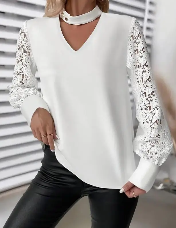 

2026 Elegant Sexy Popular Style Commuting V-Neck Lace Hollow Lace Long Sleeved Shirt for Women Pullover Tops