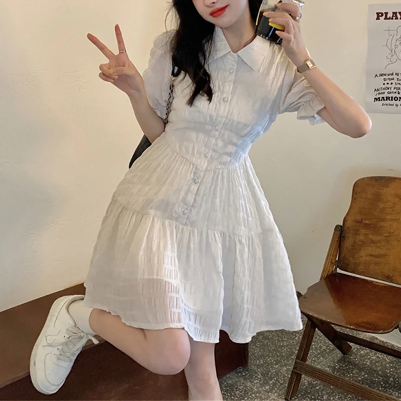 Women Vintage Fashion Elegant Ruffle Sweet Chic Button Shirt Dresses 2024 Summer Casual Short Sleeve Slim Solid Fairy Mini Dress