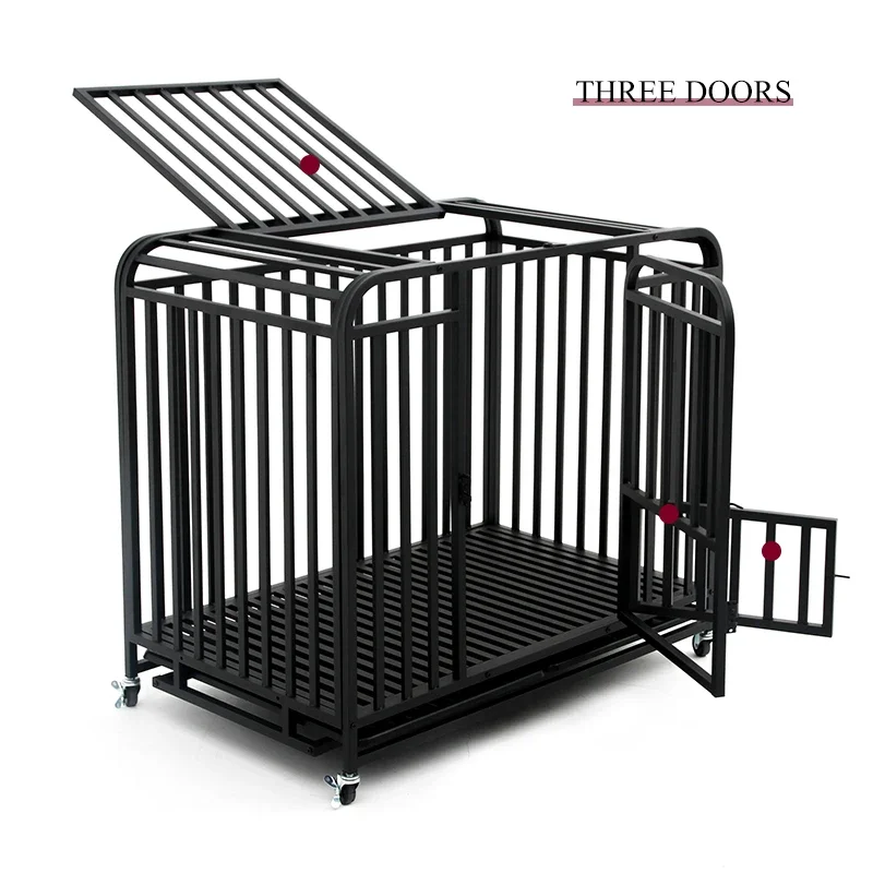 New Arrival Metal Square Tube Black Heavy Duty Pet Cage With Wheels For Large Dogs